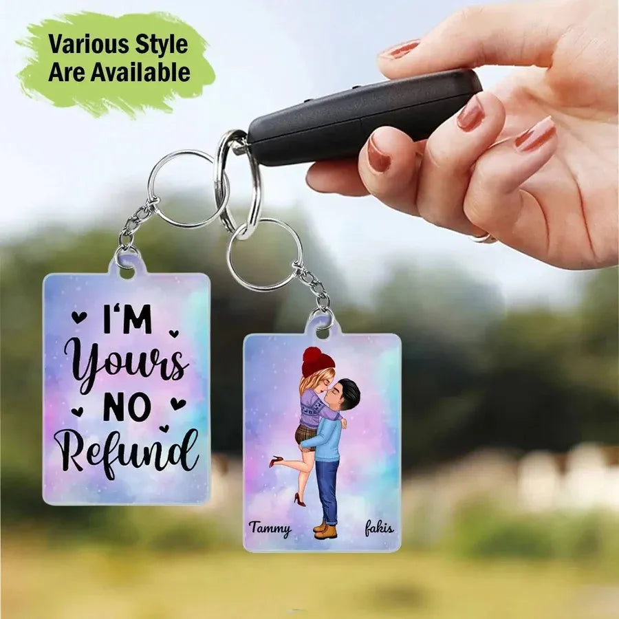 Cartoon Couple Kissing I'm Yours No Returns Or Refund - Personalized Acrylic Keychain - Gift For Couple, Firefighter, Police, Nurse, Chef, Teacher, Flight, Military, Animal Control, Worker