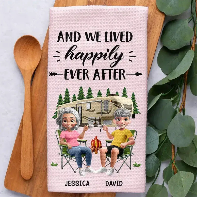 Camper Sweet Camper Kitchen Towel, Personalized Camping Memory Design, Cozy Home Decor Gift for Couples