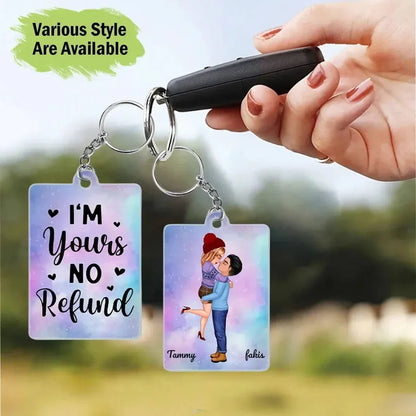 Cartoon Couple Kissing I'm Yours No Returns Or Refund - Personalized Acrylic Keychain - Gift For Couple, Firefighter, Police, Nurse, Chef, Teacher, Flight, Military, Animal Control, Worker