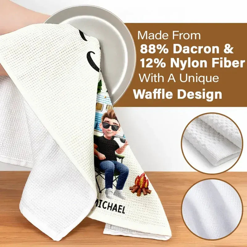 Camper Sweet Camper Kitchen Towel, Personalized Camping Memory Design, Cozy Home Decor Gift for Couples