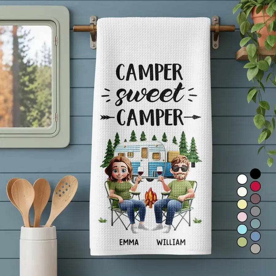 Camper Sweet Camper Kitchen Towel, Personalized Camping Memory Design, Cozy Home Decor Gift for Couples